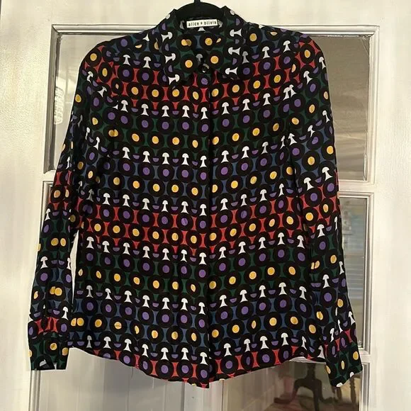 Alice + Olivia Willa Color Placket Silk Blouse Rainbow Dot Women's Small - Picture 2 of 6